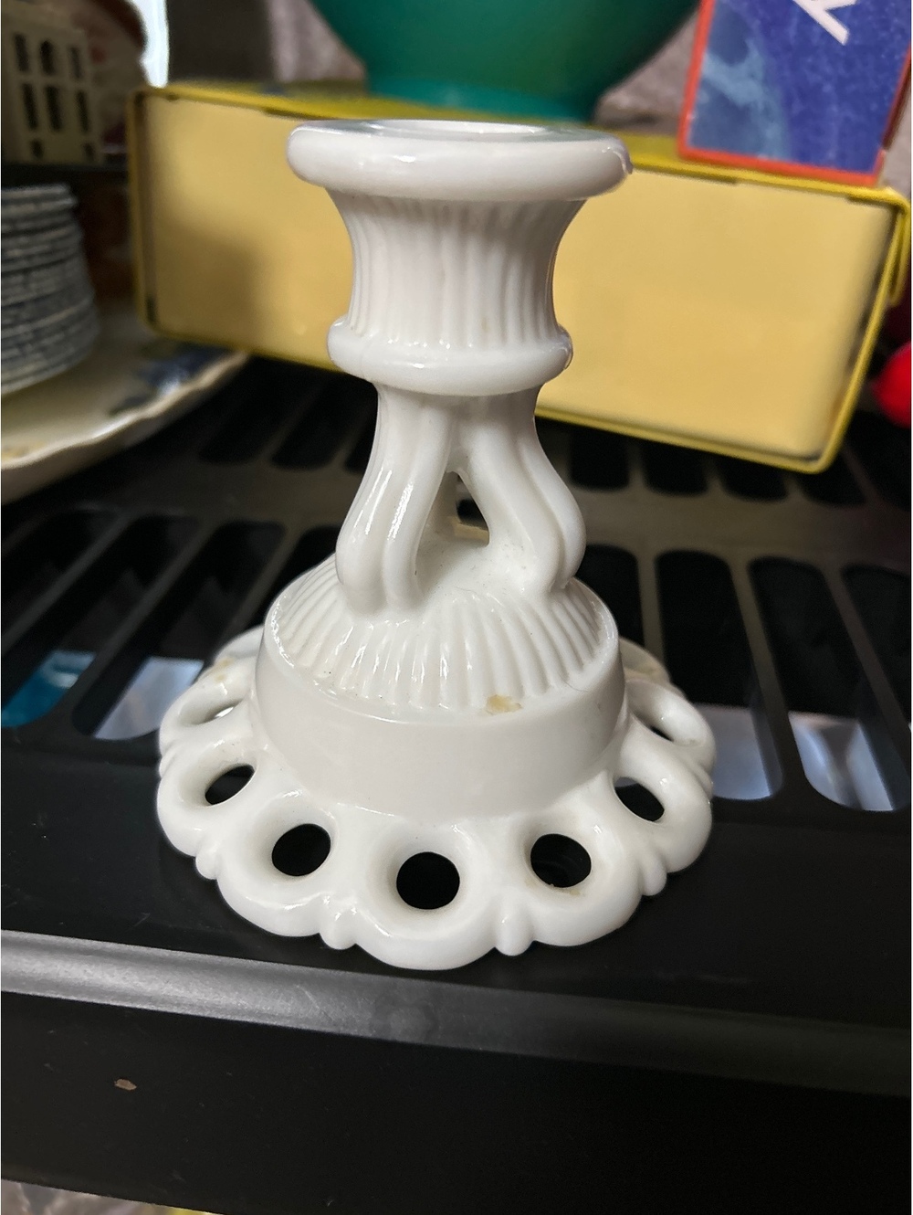 Vintage White Ceramic Candle Holder with Decorative Cutouts